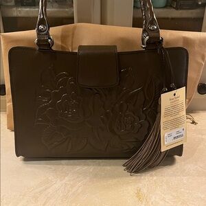 Patricia Nash Rienzo Rose Tooled Satchel Mushroom color